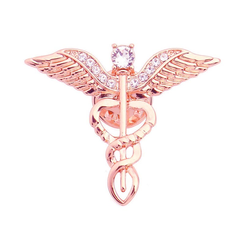 QIAN0813 Medical Symbol Caduceus Stethoscope RN Nursing Badge Brooches Lapel Pin for Registered Nurse Doctor Rod Of Asclepius Emergency Brooch Jewelry (Angel Wing-Rose Gold) - Image 1